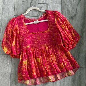 Hemant and Nadita pink and orange metallic thread top